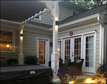 10 x 10 Vinyl Belvedere Pergola Shown on a Patio (ANGLE 2).