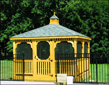 12 x 12 Treated Pine Rectangular Gazebo shown with full set of screens and screen door, cedar tone stain/sealer, and customer supplied shingles.  