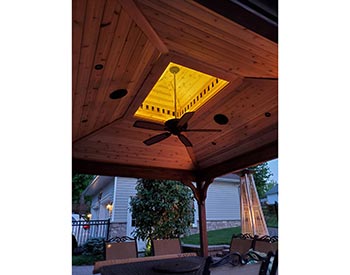 12 x 14 Cedar Double Roof Ramada shown with Customer Supplied Stain, Customer Supplied Fan, and Customer Supplied Lighting. (Solar Shade not shown)