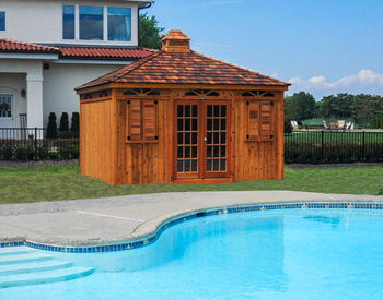 12 x 14 Cedar Rectangle Cabana shown with Plywood Floor, 60" 15-Lite Cedar French Doors, 40" x 46" Horizontal Sliding Window, Functional Cedar Shutters, Cedar Tongue & Groove Interior Walls, Cedar Tongue & Groove Ceiling, Single Roof, Cedar Shake Shingles, No Skylight, Cupola, 2 Coats Cedar Tone Stain/Sealer, Sunburst Design Walls, Electrical Package