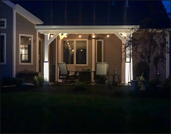 12 x 14 White Vinyl Pergola Pavilion shown with 6x6 Vinyl Sleeves over Posts, 36" Post Trim, Double 2"x8" Headers, Charcoal Metal Roof, 2/12 Pitch Roof, and Vinyl Ceiling.