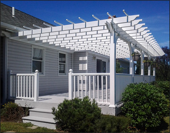 Custom 12 x 27 Vinyl Wall Mount 2-Beam Pergola shown with 16" Top Runner Spacing, Galvanized Hardware, Straight Post, no and No Post Trim.