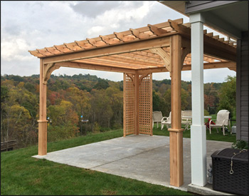 14 x 14 Cedar Belvedere Pergola shown with galvanized hardware, straight posts, 36" post trim, 12" top runner spacing, no deck and lattice corner. 