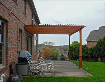 14 x 16 Cedar Single Beam Wall Mount shown with Cedar Stain/Sealer, 6" Top Runner Spacing, and No Deck.