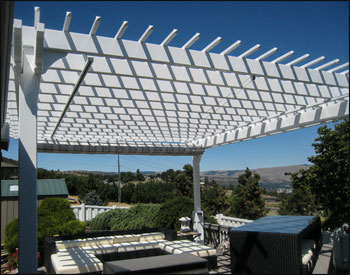 14 x 16 Vinyl 2-Beam Pergola shown with 8" Top Runner Spacing, Stainless Steel Hardware, 36" Post Trim, and Gray Black and White Retractable Canopy.