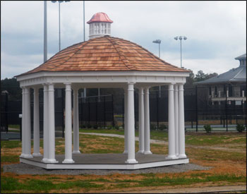 14x20 Elongated Belle Roof Gazebo shown with Cedar Shake Shingles, Oil Rubbed Bronze Avruc Outdoor Ceiling Fan w/ Light, Cupola, 8" Round Tapered Vinyl Columns, and Electrical Package