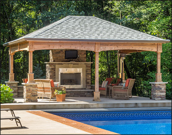  16 x 20 Cedar Ramada shown with No Deck, 16" Post Trim, Dual Gray Asphalt Shingles, Cedar Stain, 6x6 Posts, and Arched Beams.