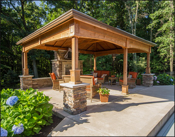  16 x 20 Cedar Ramada shown with No Deck, 16" Post Trim, Dual Gray Asphalt Shingles, Cedar Stain, 6x6 Posts, and Arched Beams.