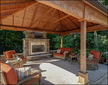  16 x 20 Cedar Ramada shown with No Deck, 16" Post Trim, Dual Gray Asphalt Shingles, Cedar Stain, 6x6 Posts, and Arched Beams.