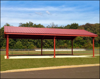 24 x 40 All Steel Gable I-Beam Pavilion shown with Rafter Wrap, Primed red steel frames, 10 Eave Height, and a 4:12 pitch roof with 24 gauge roof sheeting