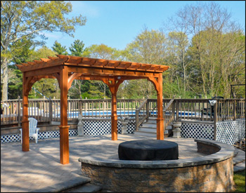 8 x 12 Cedar Deluxe 4-Beam Pergola shown with Cedar Stain/Sealer, 16" Top Runner Spacing, 36" Post Trim, and No Deck. 