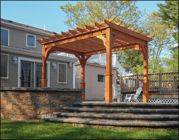 8 x 12 Cedar Deluxe 4-Beam Pergola shown with Cedar Stain/Sealer, 16" Top Runner Spacing, 36" Post Trim, and No Deck. 