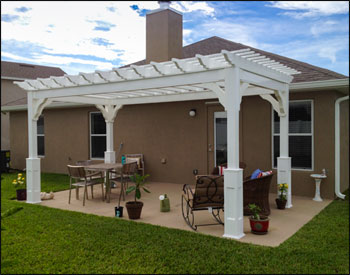 8 x 16 Vinyl Deluxe 4-Beam Pergola shown with standard options and 8" Top Runner Spacing