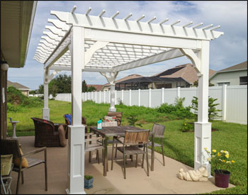 8 x 16 Vinyl Deluxe 4-Beam Pergola shown with standard options and 8" Top Runner Spacing