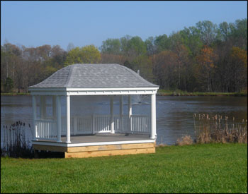 12 x 20 Vinyl Elongated Hexagon Belle Gazebo shown with Old English Pewter Asphalt Shingles, Electrical Package, and Custom 36"  Vinyl Railings.