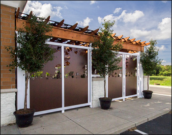 21 x 23 Cedar Solace Pergola shown with 8x8 Columns, Cedar Stain/Sealer, Glue Lam Beams with Cedar Wrap, Metal Top Panels, and Metal Wall Panels with 1/2 grape design & 1/2 solid with vinyl posts/support. Custom 17 x 24 Cedar Solace Pergola with 8x8 Vinyl ColumnsGlue Lam beams, Cedar Wrap,Cedar Stain/Sealer, and 3" o.c. Top Runner spacing.