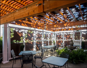 21 x 23 Cedar Solace Pergola shown with 8x8 Columns, Cedar Stain/Sealer, Glue Lam Beams with Cedar Wrap, Metal Top Panels, and Metal Wall Panels with 1/2 grape design & 1/2 solid with vinyl posts/support. Custom 17 x 24 Cedar Solace Pergola with 8x8 Vinyl ColumnsGlue Lam beams, Cedar Wrap,Cedar Stain/Sealer, and 3" o.c. Top Runner spacing.