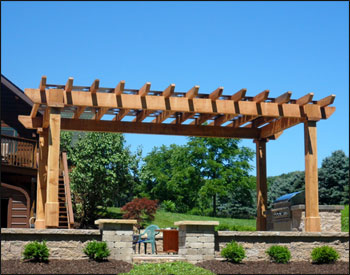 Custom sized 9 x 17 Rustic Cedar Solace Pergola shown with Straight 8x8 Posts, Grapevine Powder Coated Steel Decorative Top, and 18" Top Runner Spacing.