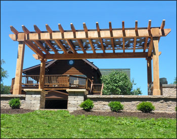 Custom sized 9 x 17 Rustic Cedar Solace Pergola shown with Straight 8x8 Posts, Grapevine Powder Coated Steel Decorative Top, and 18" Top Runner Spacing.