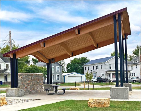 30 x 30 Lam-Wood Long Island Wave Bandshell shown with Powder Coated Tube Steel Quad Columns and 26 Gauge Exposed Fastener Metal Roofing (Side View)