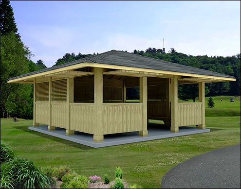 24’ x 24’ Treated Pine Marquee Shelter shown with 4/12 Pitch Roof, Black Asphalt Shingles, and Custom Shutter Placement