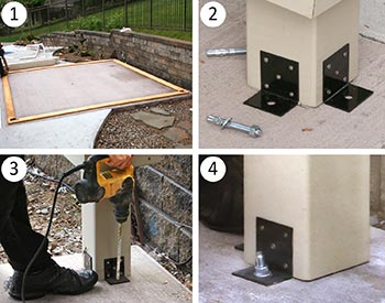 <b>Overview of Post Installation:</b> (1) Layout Wood Template.<br>(2 & 3) Install Brackets. (4) Completed Installation.