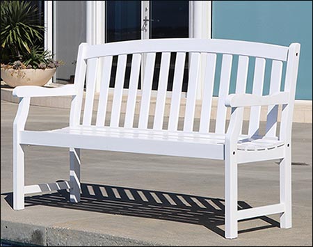 White Acacia Dining Table w/ Bench & 2 Curved Top Armchairs