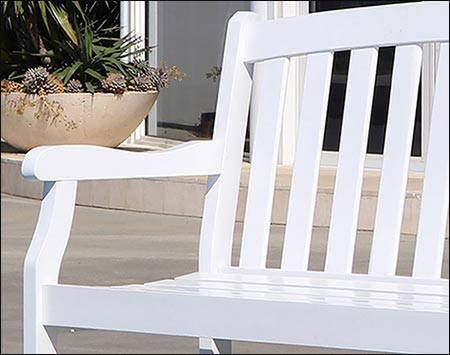 White Acacia Dining Table w/ Bench & 2 Curved Top Armchairs