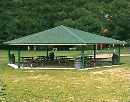 45' x 45' Laminated Wood Orchard Pavilion Shown w/Asphalt Shingles and Customer Painted Posts