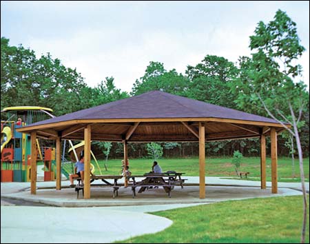 35' x 35' Laminated Wood Santa Fe Octagon Pavilion Shown w/Asphalt Shingles, Tables Not Included